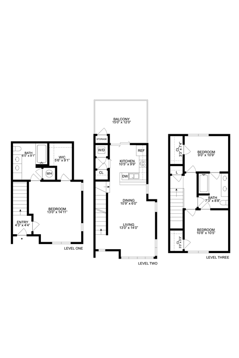 Floor plan for 3 beds, 2 baths, 1222 sqft